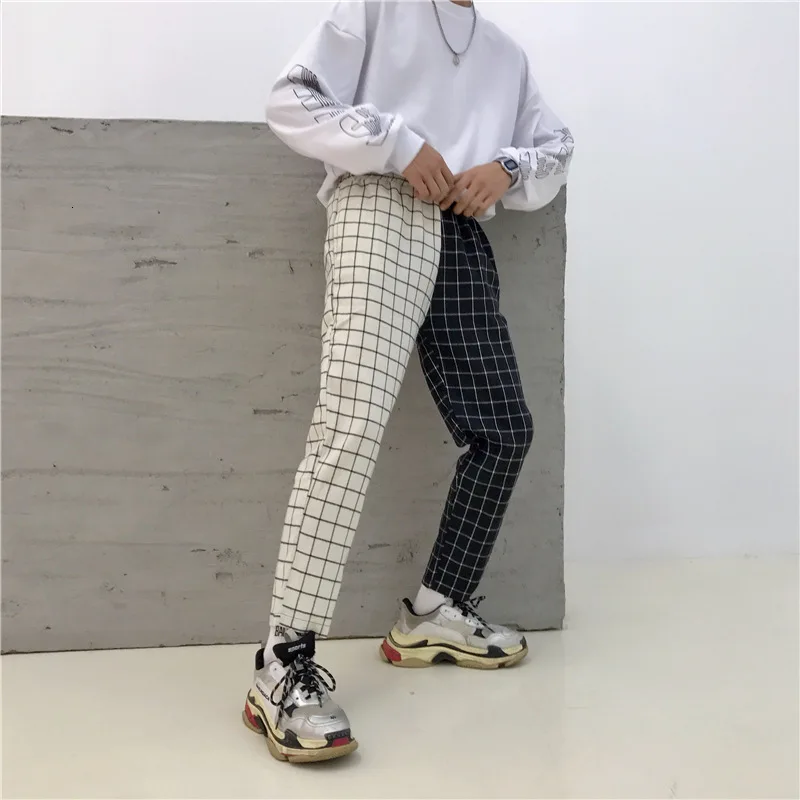 Vintage Paid Patchwork Pants Harajuku Woman Man Pants Elastics Tall Tail Pants Korean Causal Rights Pants