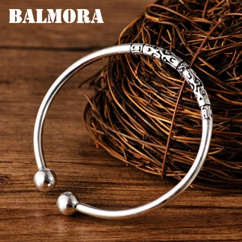 

BALMORA 100% Real 999 Real Silver Jewelry Bangles for Women Girls Engrave Flowers Beads Open Bangle Gifts Jewelry Bijoux