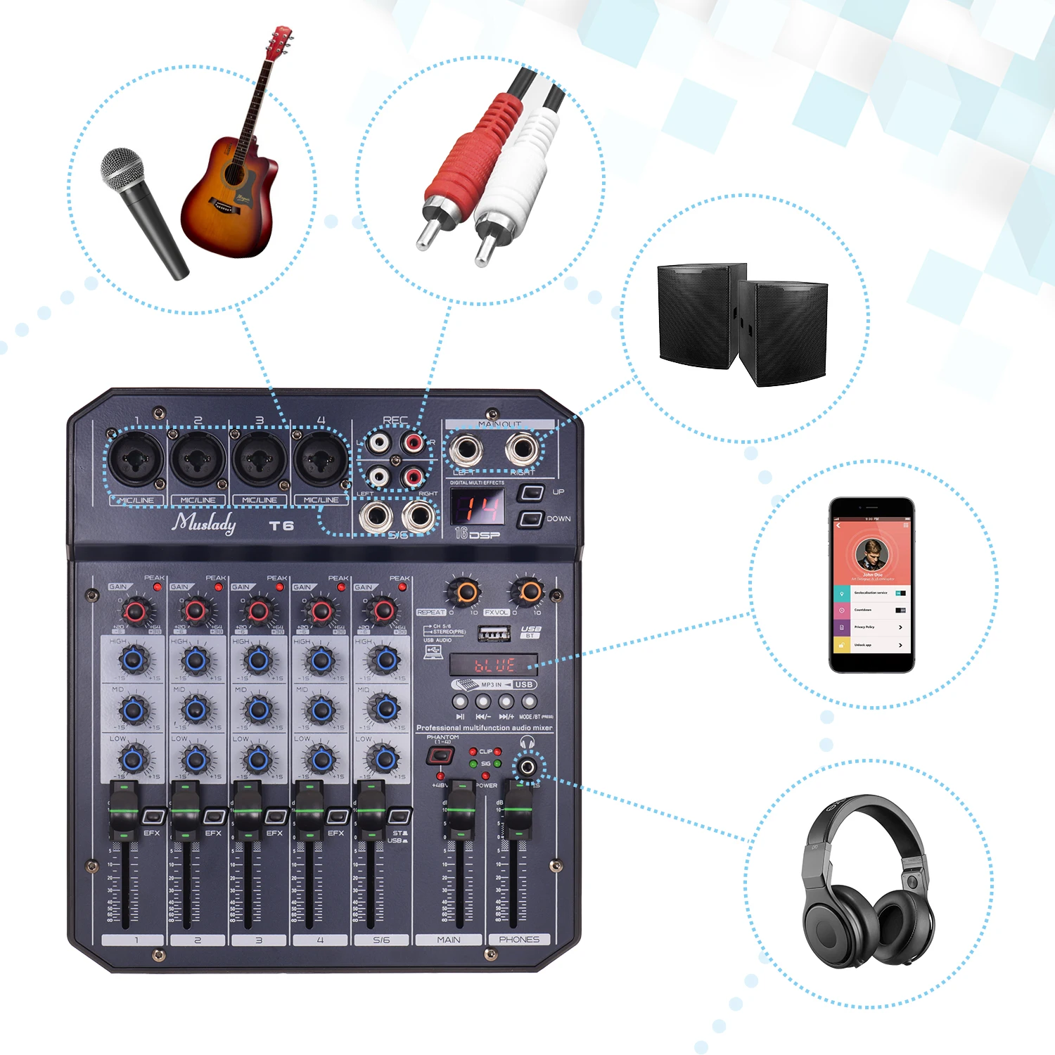 Muslady T6 Портативный 6 канальный звуковая карта микшерный пульт звукомикшер