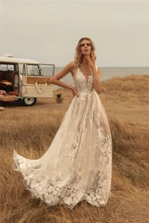 Illusion A-line Lace Wedding Dress 2022 V-Neck Backless Floor-Length Bridal Dress Vestidos De Novia Custom Made