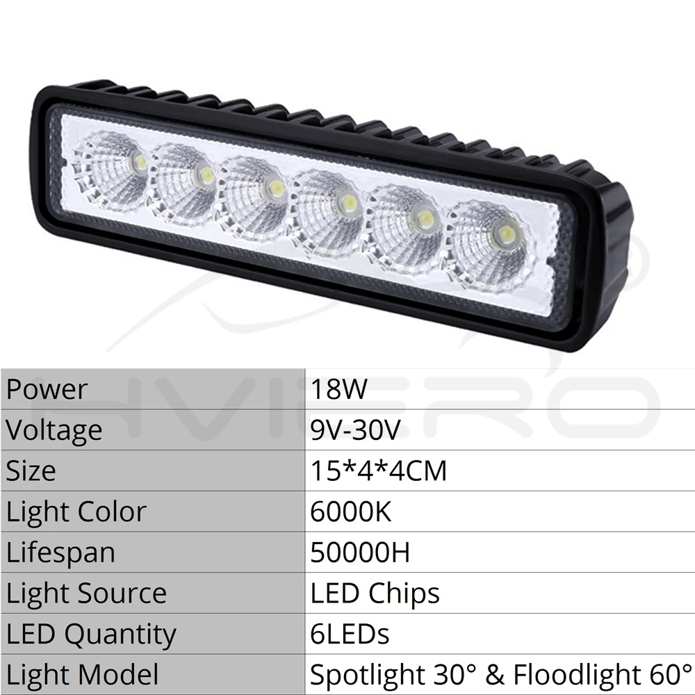 18W 12V LED Work Light Bar 6Leds Spotlight Flood Lamp Driving Fog Offroad White Work Car Light for Ford Toyota SUV 4WD led beams (4)