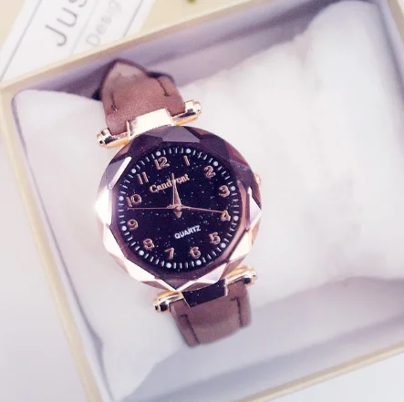Frauen Uhren очаровательное звездное небо Uhr Frauen повседневное Leder Band Damen Armbanduhr Kleid quaris Uhr montre femme reloj mujer - Цвет: brown