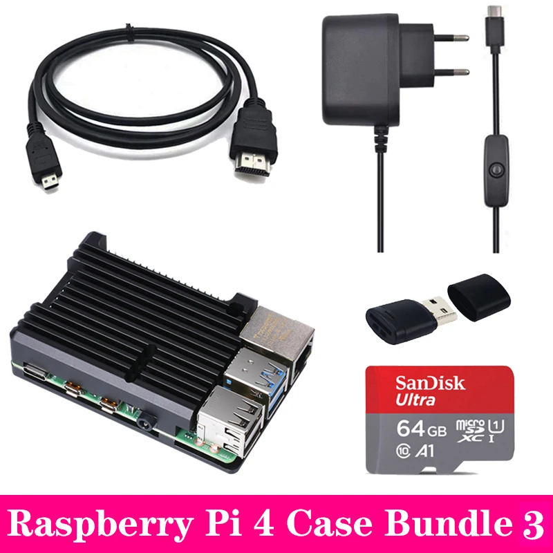 Bundle 3 Raspberry Pi 4 Алюминиевый чехол корпус с адаптером питания Mini HDMI к HDMI кабель для Raspberry Pi 4 Модель B 4B - Цвет: Bundle 3