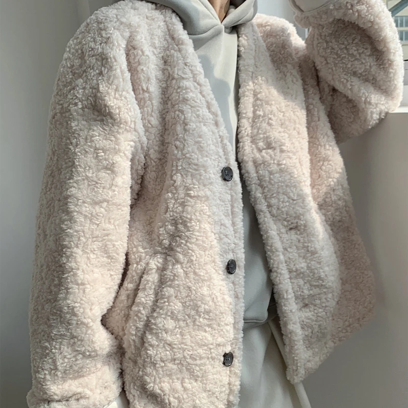 Winter women\'s casual solid color V-neck long-sleeved loose lamb wool coat