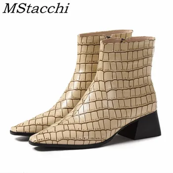 

Mstacchi Bamboo Pattern Genuine Leather Side Zipper Women Short 2020 New Design Fashion Square Toe Sexy Ladies Shoes Botas Mujer
