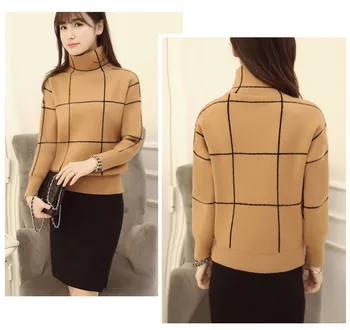 

Women Knitted Sweater Long Sleeve Korean Style Check Top Sweater High Neck Casual Warm Pullover 2020 New