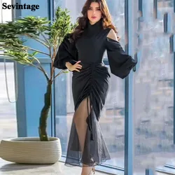 Sevintage Black Saudi Arabia Mermaid Prom Dresses Long Sleeves Midi Formal Evening Gowns Dubai High Neck Satin Women Prom Gowns