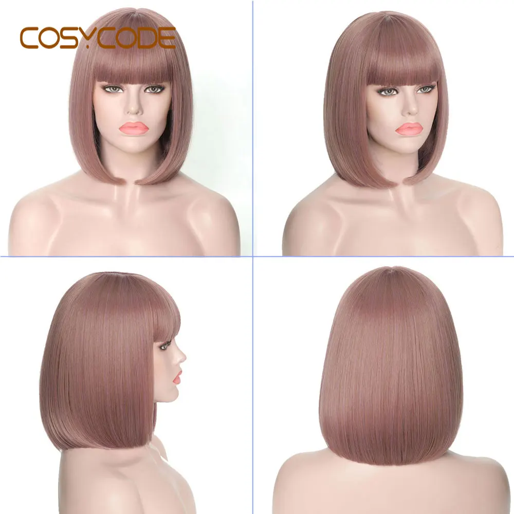 Brown-Pink-Purple COSYCODE красный боб парик с челкой короткие прямые женские парики некружевные синтетические парики Косплей Костюм 34 см - Цвет: Brown-Pink-Purple
