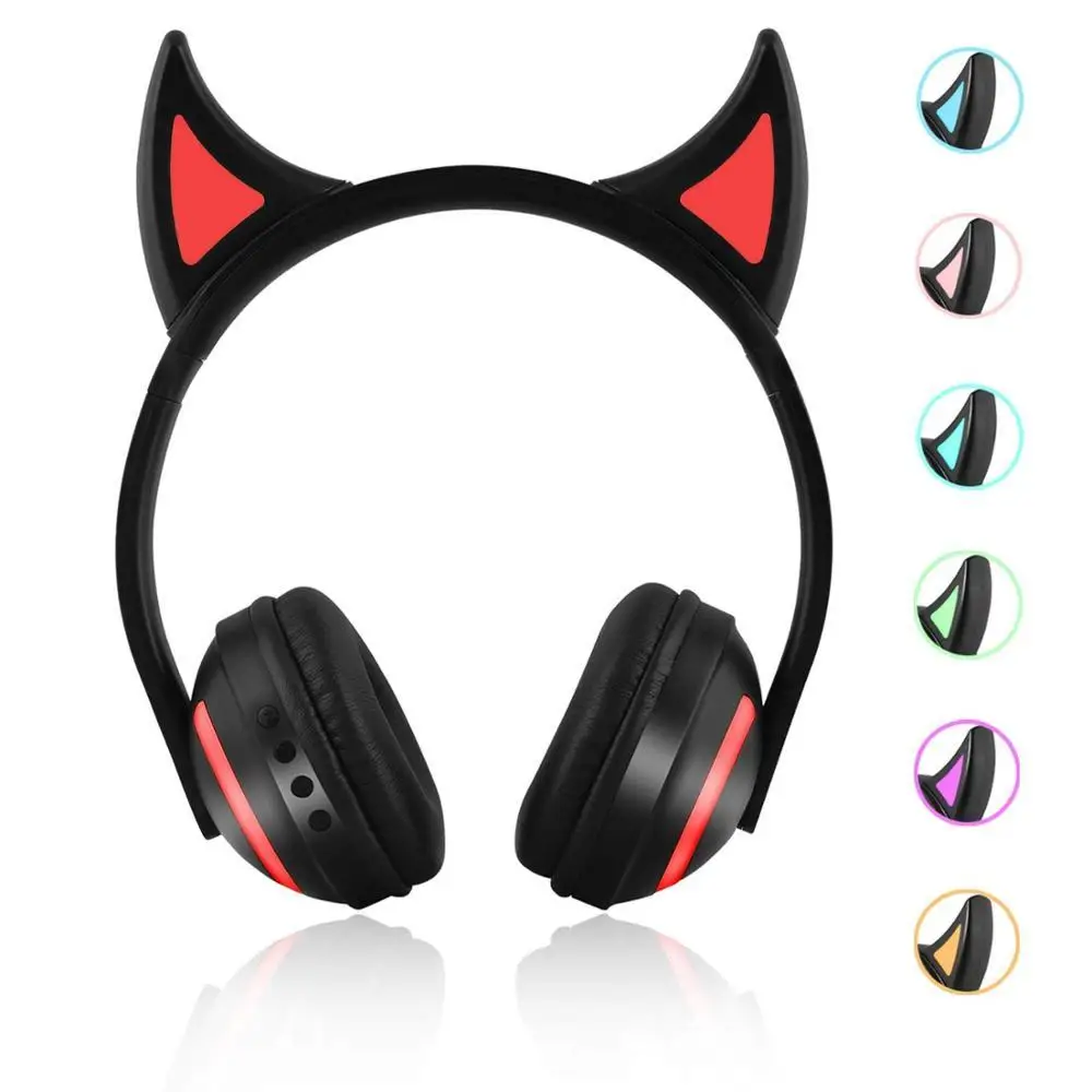Беспроводные Bluetooth стерео наушники кошачьи наушники мигающие светящиеся Игровые наушники 7 цветов светодиодный светильник для телефона ПК - Цвет: E2109 -Devil