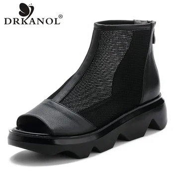 

DRKANOL Classic Women Sandals 2020 Genuine Leather Air Mesh Wedges Heel Sandals Women Zipper Peep Toe Casual Platform Sandals