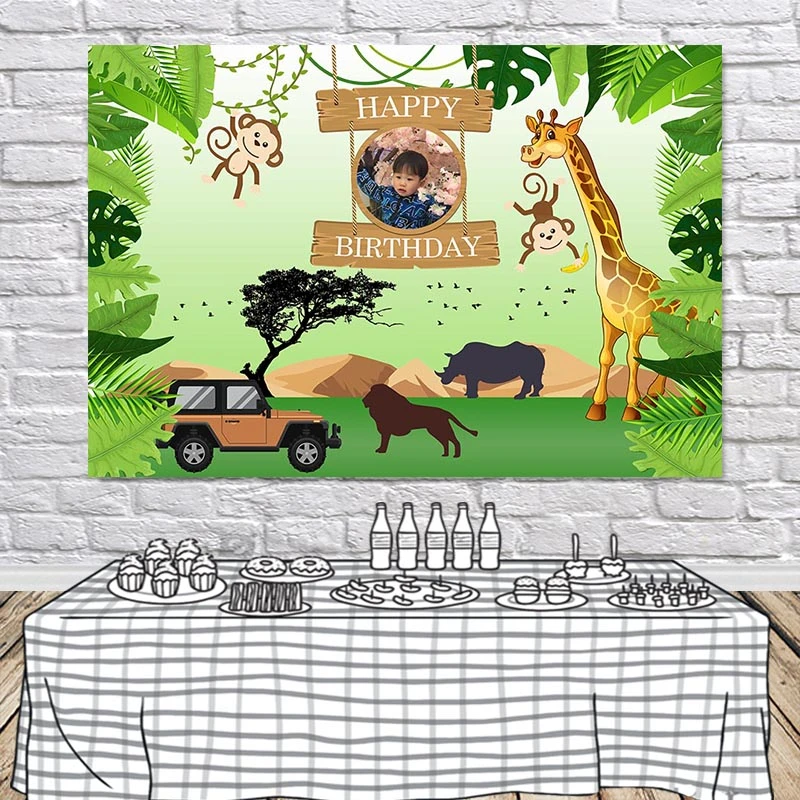 Jungle Safari Fete D Anniversaire Mots Personnalises Affiche Photo Personnalisee Animaux Foret Arriere Plan Photo Aliexpress