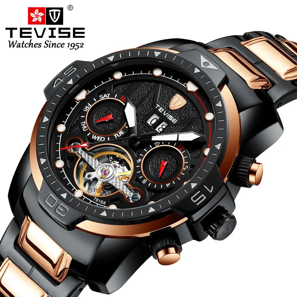 

TEVISE High Quality Men's Watches Stainless Steel Automatic Mechanical Wristwatch Skeleton Tourbillon Clock Relogio Masculino