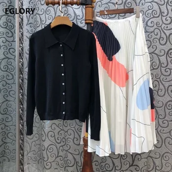 

Top Quality New 2019 Autumn Sweater Suit Women Black Knitted Cardigan Jacket+Abstract Print Mid-Calf Pleated Skirt Set Suit 2pc
