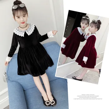 

Spring Kids Clothing Black Red Peter Pan Lace Collar Luxury Little Girls Velvet Dress for Teenagers Long Sleeve Dresses Vestidos