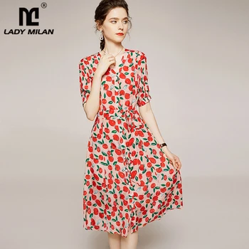 

100% Silk Women's Runway Dresses Sexy V Neck Short Sleeves Fruits Printed Sash Bow Belt Fashion Casual Summer Dresses