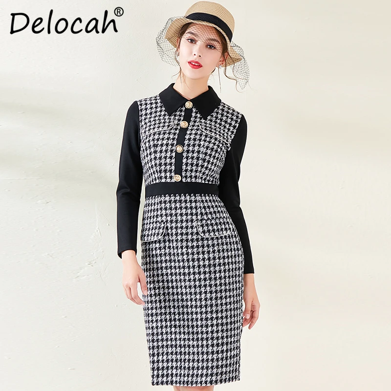 

Delocah 2019 Autumn Women Dress Runway Fashion Designer Long Sleeve Gorgeous Button Splice Elegant Slim Office Ladys Dresses