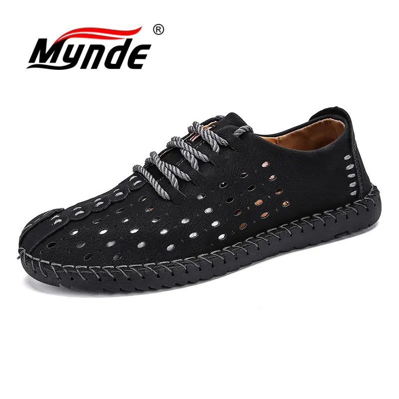 Mynde SummerComfortable Men Casual Shoes Loafers Men Shoes Quality Split Leather Shoes Men Flats Moccasins Shoes Plus Size 38-46 - Цвет: 01 Black