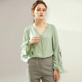 

100% Silk Blouse Women Long Ruffle Lantern Sleeves Tie V Neck Solid 3 Colors Elegant Style Shirt New Fashion