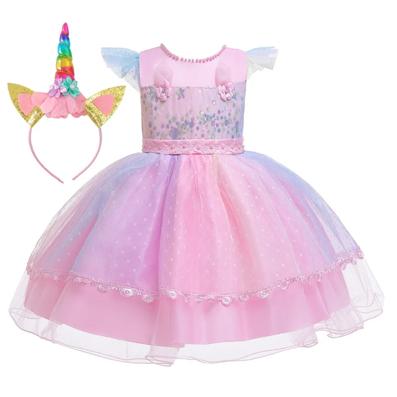 2020 Toddller Kids Unicorn Dresses for Baby Girls Dress Pink Rainbow Birthday Party Princess Dress Purple Costume Pageant Outfit (2)