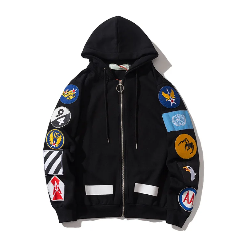 

Spring And Autumn Popular Brand Ow off Embroidery Badge Hoodie Men And Women Couple Clothes Loose White Cardigan Hooded Coat