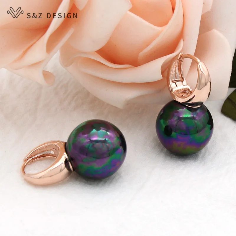 S&Z DESIGN New Fashion Fine Round Imitation Pearl Dangle Earrings For Women 585 Rose Gold Color Wedding Jewelry