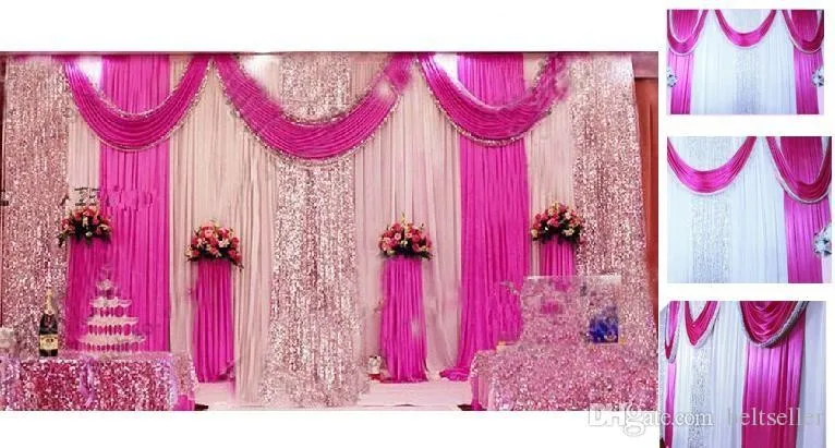 

3M*6M Sequins Beads Edge Design Fabric Satin Drape Curtain pink Swag With Silver Sequin Fabric For Wedding Decor Props supplies