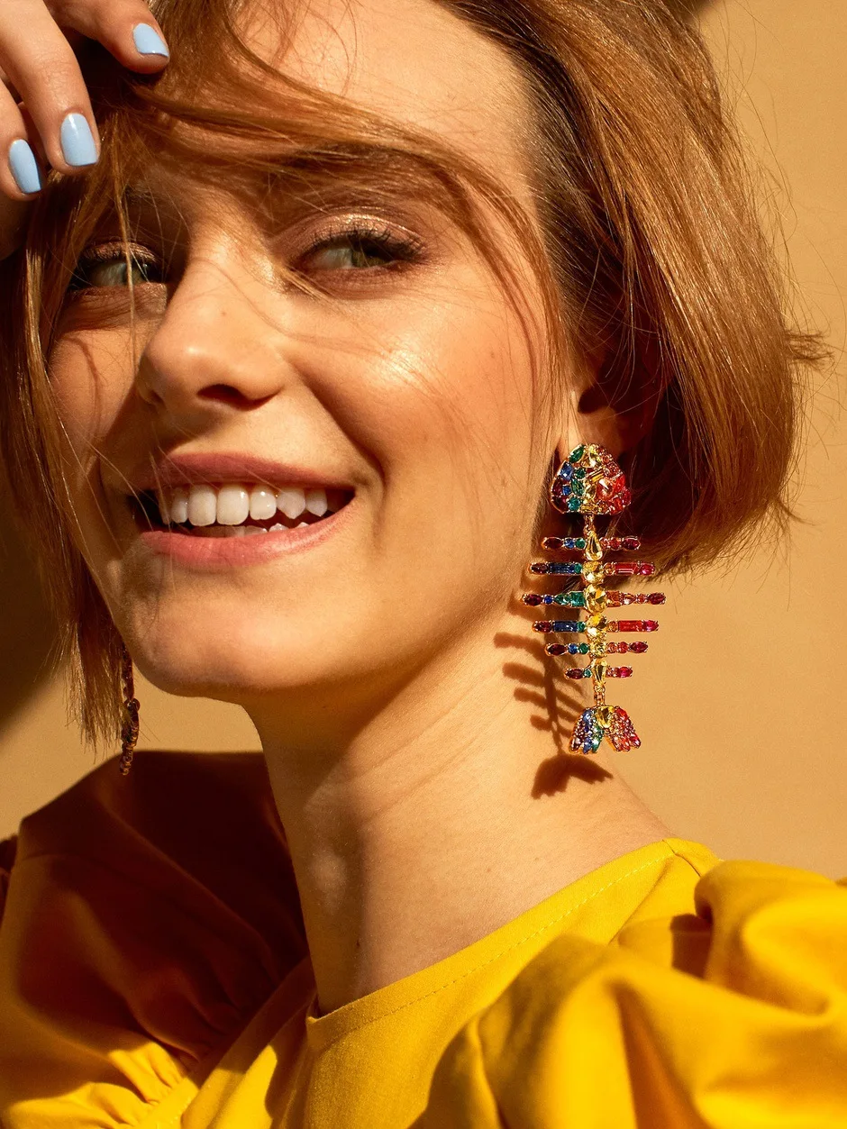 

2020 Za Brand Colorful Fish Bone Shape Woman Drop Earrings Full Rhinestone Classy Exaggerated Long Statement Earrings for Woman