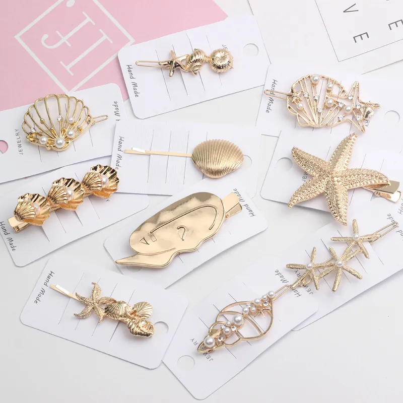 

Korea Chic Hair Accessories Metal Gold Color Beach Shell Starfish Simulated Pearl Hair Clips for Women Hair Pins Hairdress