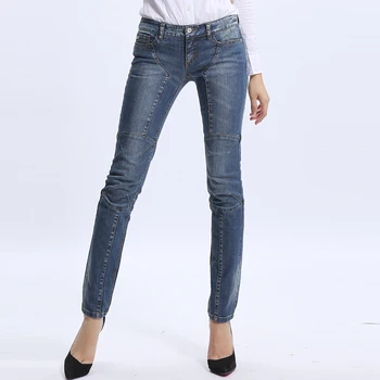 

Spring Fall Casual Womens Low Waist Stretch Blue Patchwork Slim Denim Trousers , Autumn Fashion Skinny Pencil Pants for Woman