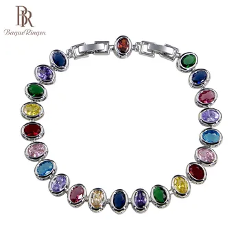 

Bague Ringen Trendy Silver 925 Jewelry Oval Gemstones Bracelet for Women Zircon Emerald Sapphire Aquamarine Party Female Gifts
