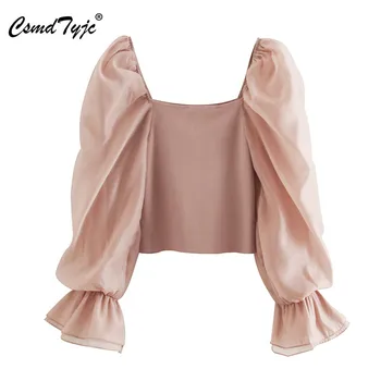 

KPYTOMOA Women 2020 Sweet Fashion Patchwork Organza Knitted Blouses Vintage See Through Sleeve Stretch Female Shirts Chic Tops