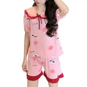 

2PCS Pink Pajamas For Women Summer Sleepwear Puffle Strawberry Printed Sweet Pajamas Set Female Pyjamas Lady Girl Cute Home Suit