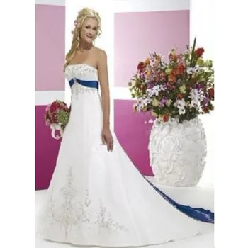 

Plus Size Vestidos De Novia 2019 new fashion White Blue embroidery silk satin blue belt Chapman Wedding Dresses Abiti Da Sposa