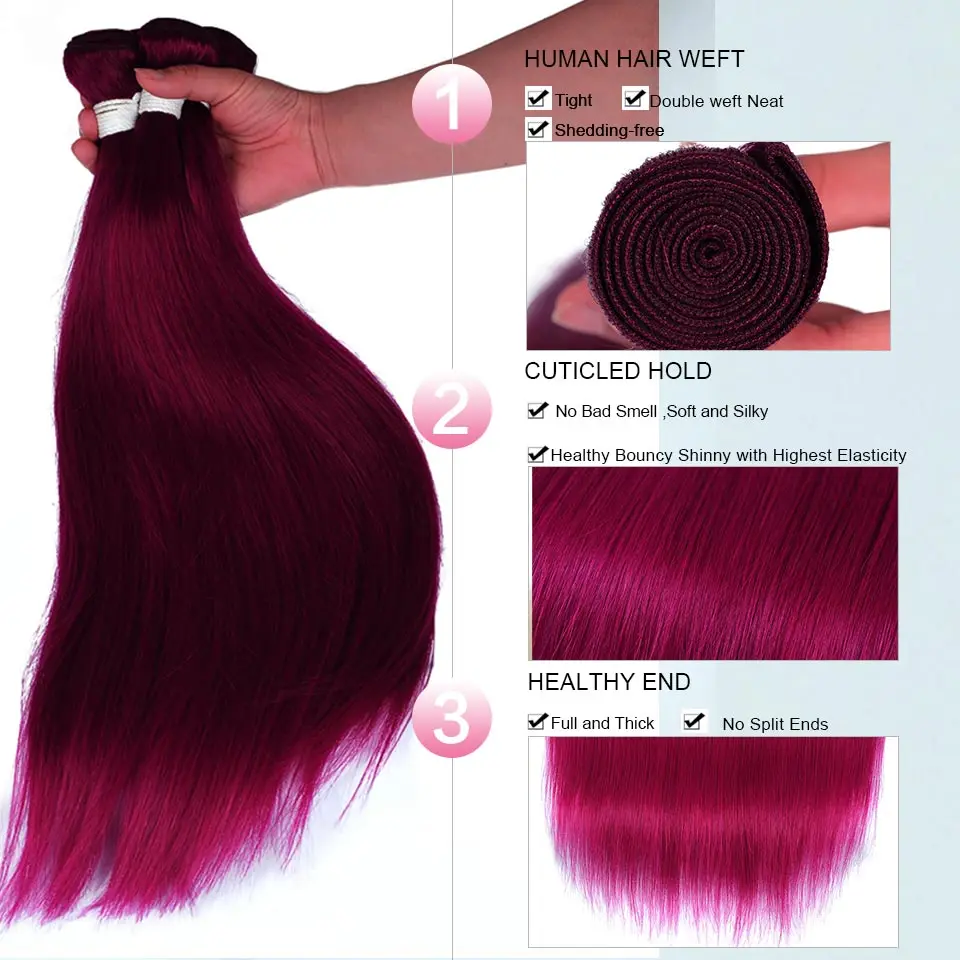 Top Pre-Colored Ombre 99J Burgundy Bundles Straight Hair Bundles Brazilian 100% Human Hair Bundles Remyblue Remy Hair Weave Bundles 4