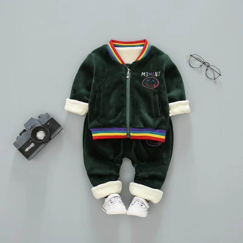 

Children New Style Childrenswear Winter BOY'S Sportswear plus Velvet Two-Piece Set Baby Gold Velvet Thick Cardigan Suit