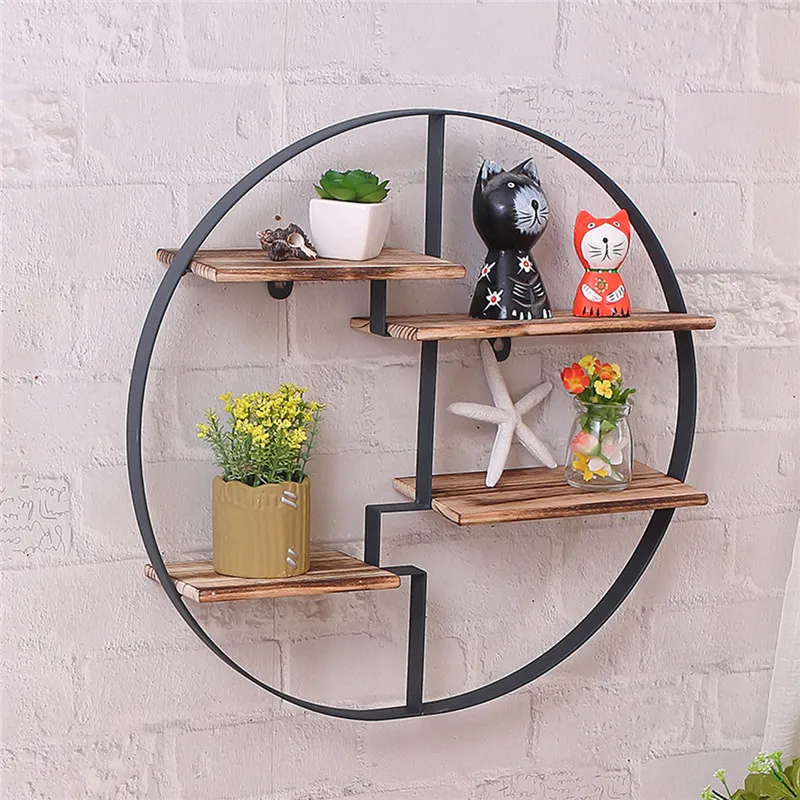 

4 Layers Wood Metal Shelf Storage Retro Wall Bookcase Cabinet Door Coat Hanger Sundries Storage Rack Organizer