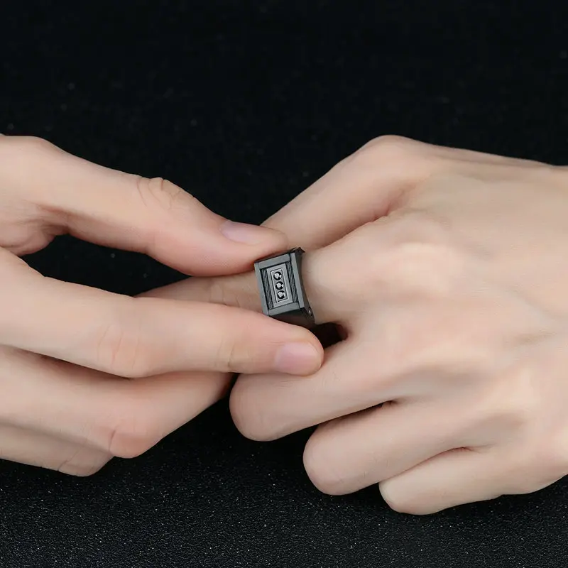 Black Personal Customizable Lettering Titanium steel black Color Rectangle Surface Seal ring for Men Cool Male Gift Jewelry - Main Stone Color: Black