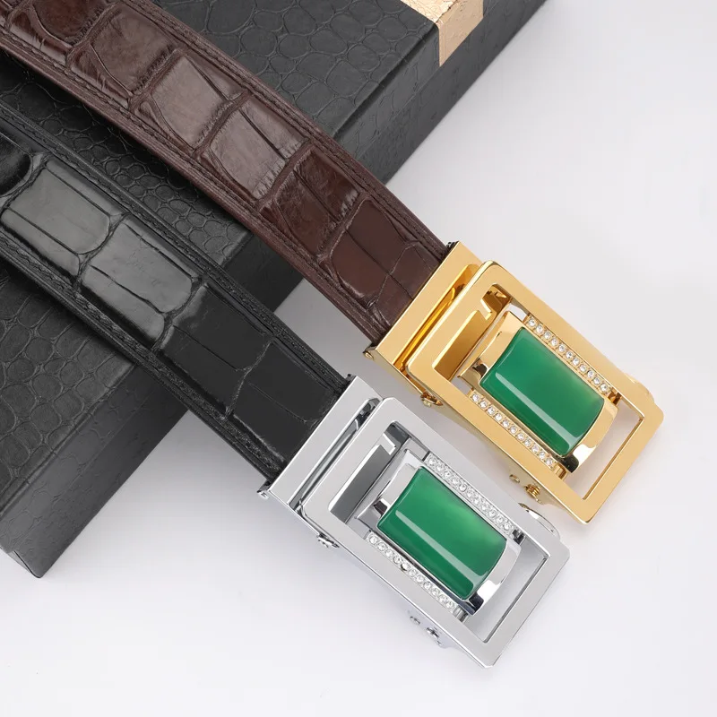 McParko Crocodile Genuine Leather Belt Men Automatic Buckle Men's Waist Belt Luxury Agate Stone Inlay Design Elegant Suits Belts