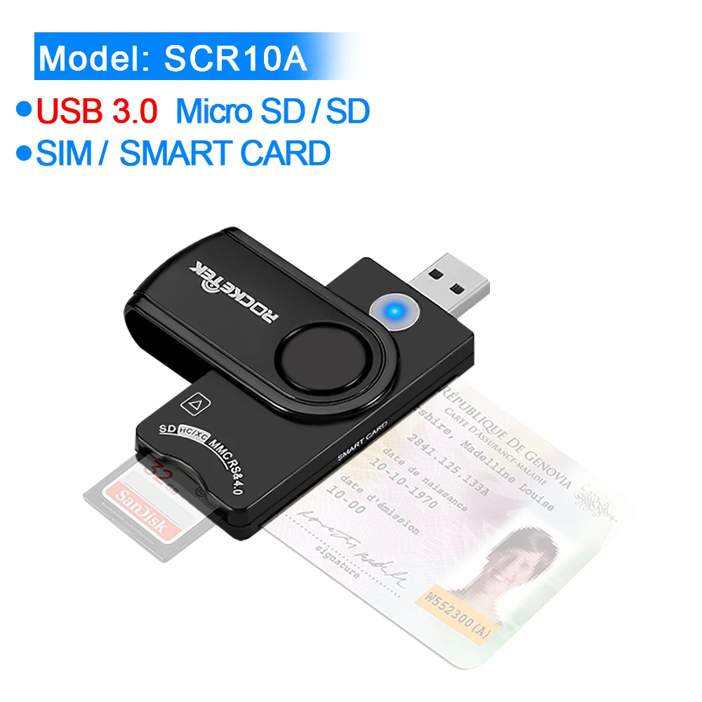 Rocketek USB 3,0 2,0 мульти смарт-кард-ридер SD/TF micro SD память, ID, банковская карта, sim cloner разъем адаптер ПК компьютер - Цвет: SCR10A