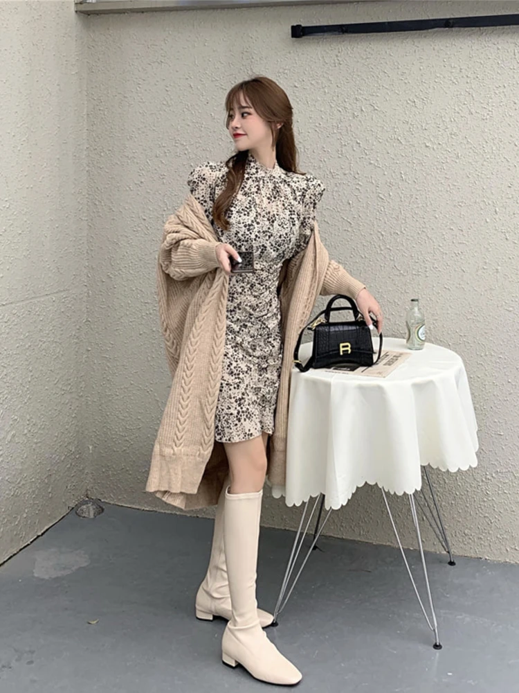

Autumn Anter Women's Retro Temperament Chiffon Floral Waist Dress Mid-Length Knitted Cardigan