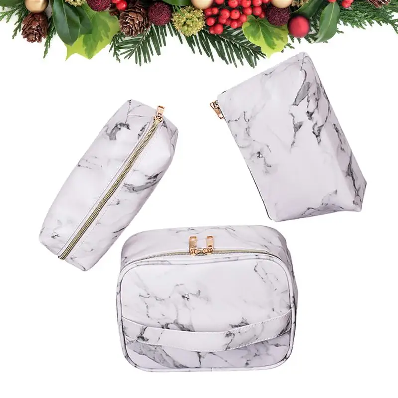 3pcs PU Waterproof Cosmetic Bags Marble Zipper Portable Toiletry Bag Makeup Bag for Travel(White