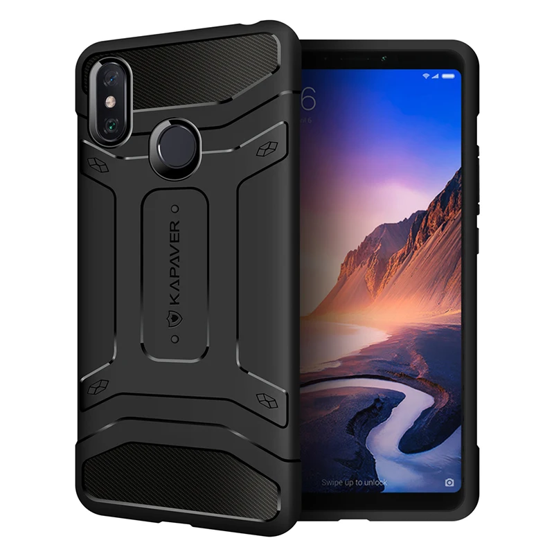 KAPAVER Original Official Silicone Back Cover Case for Xiaomi Mi Max 3 Drop Tested Shock Proof Carbon Fiber Armor Black Cases | Мобильные