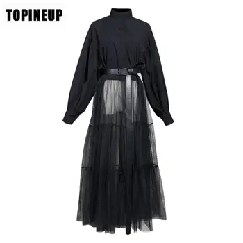 

Spring Autumn Lantern Long Sleeve Stitching High Waist Slim Long Coat Have Personality All-match Special Dresses For Ladies