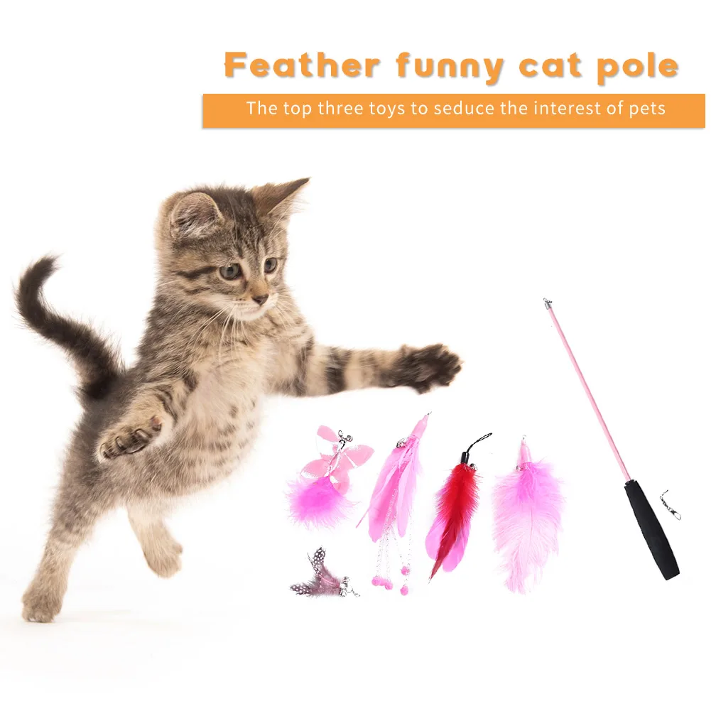 Cat Toys Telescopic Feather Teaser Rod Set Cat Interactive Playing Wand Sticks Toys with Replacement Head Funny Pet Supplies