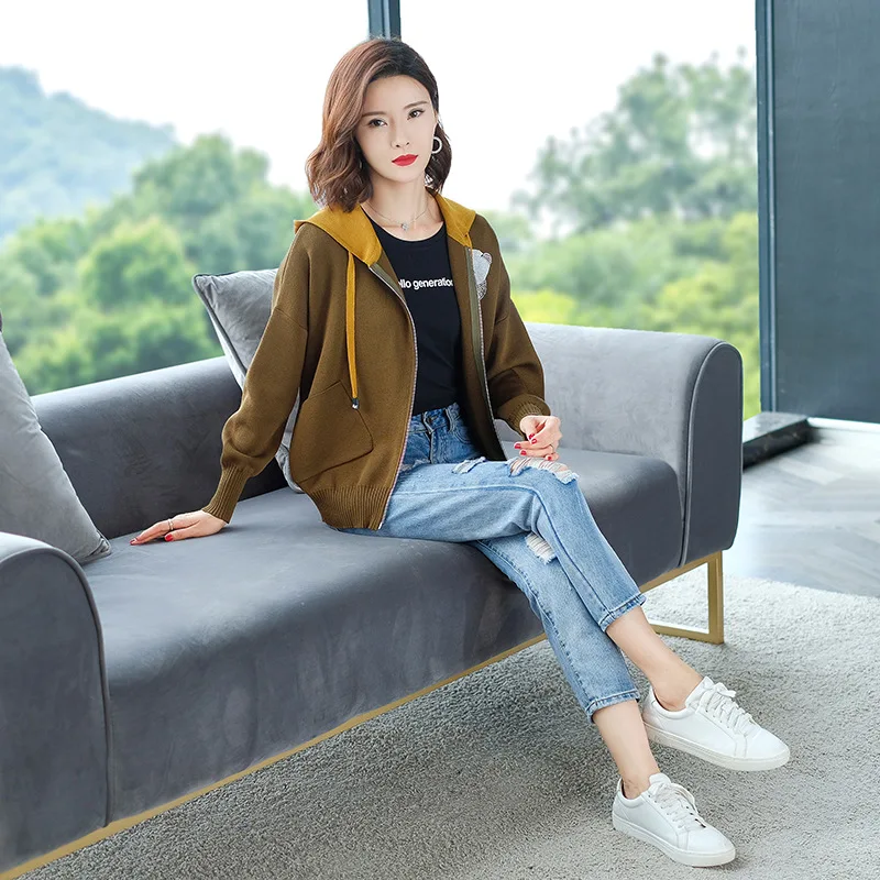 

2019 Autumn And Winter New Casual Sweater Women's Hooded Pull-belt Contrast Color Zipper Cardigan Pocket Short Baseball Uniform