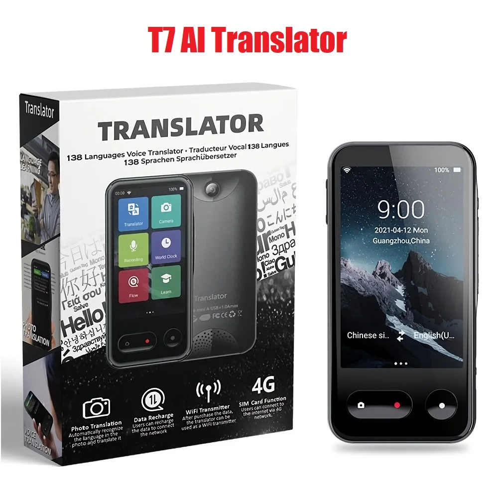 T7 Smart Voice Translator 4G Internet 138 Languages 4.0inch Touch Screen Real Time Online OffLine Translation AI Conversion