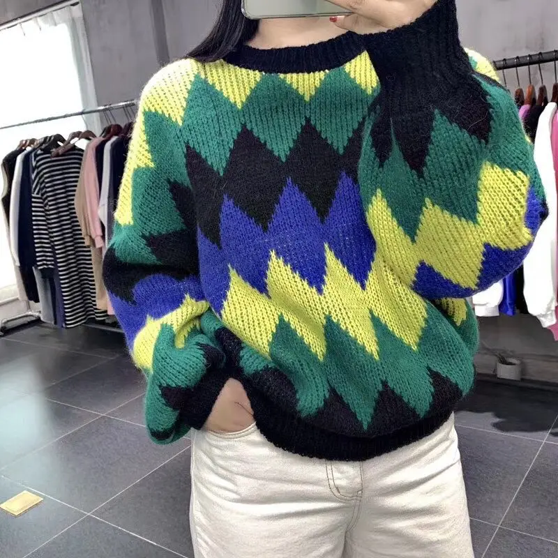 XIBUSANA 2020 Autumn Winter New Patchwork Sweaters Women Long Sleeve Cotton O-Neck Casual Pullovers Rhombus Rainbow Tops Female