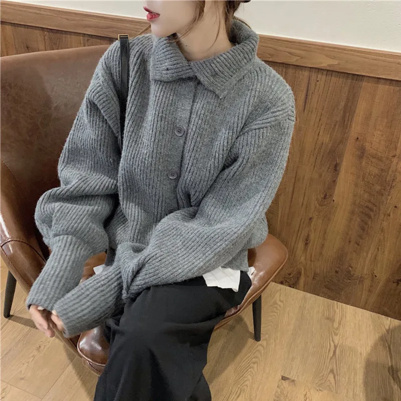 Sweater Cardigan Women Vintage Lantern Sleeve Casual Cardigan Harajuku Lapel Solod Color Coat