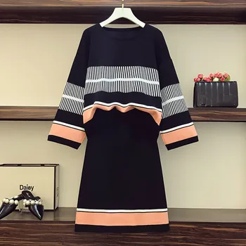 

Korean 2020 Autumn Knitted Sweaters 2 Piece Set Runway Women Striped Pullover Tops + Skirt Two Piece Set Plus Size 4XL Knit Suit
