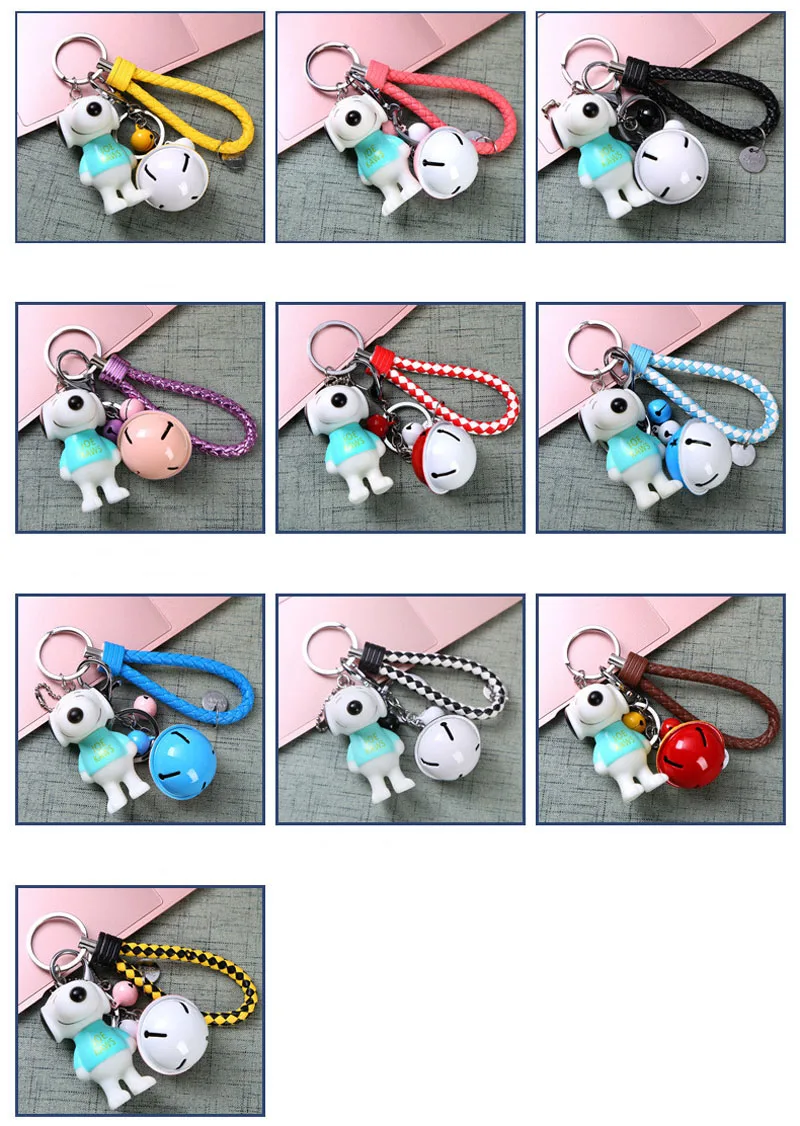 Snoopy Silicone Action& Toy Figures Doll Keychain Bell Leather Rope Cartoon Dog Snoopy Key Chain Ring Pendant Women Bag Pendant